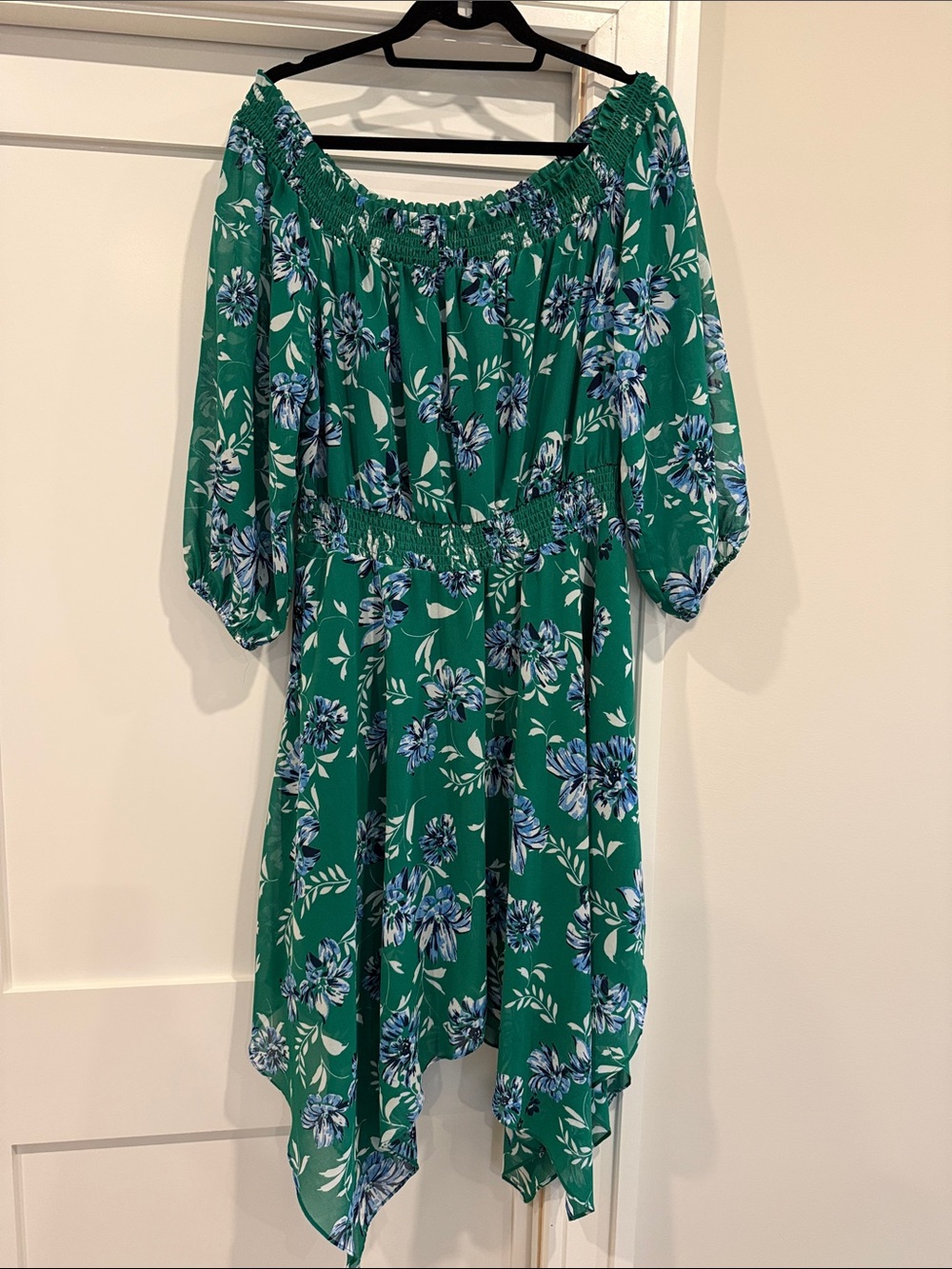 Charles Henry Green Floral Asymmetrical Off-Shoulder Dress